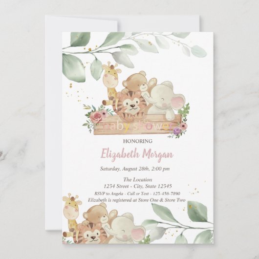 Baby Animals Forest Leaves Baby shower Invitation Kaart (Voorkant)