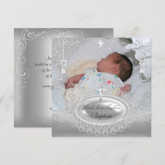 Baby Baptism Girl Boy Christening Silver Pearl Kaart (Voorkant / Achterkant)