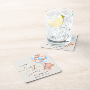 Baby Beer, Blue Balloons, eerste verjaardag Vierkante Kartonnen Onderzetter