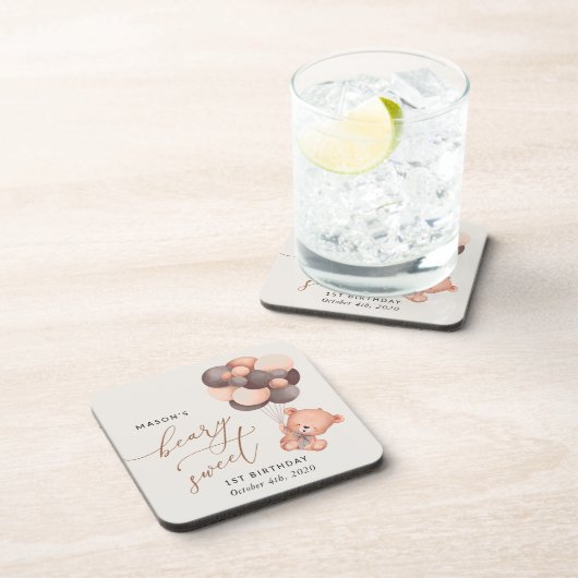 Baby-Beer, bruine ballonnen, eerste verjaardag Bier Onderzetter (Rechterzijde)