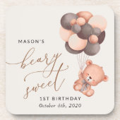 Baby-Beer, bruine ballonnen, eerste verjaardag Bier Onderzetter (Voorkant)
