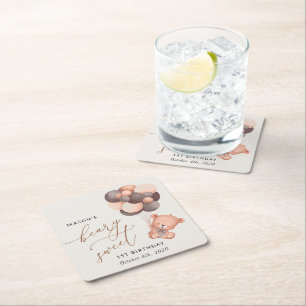 Baby-Beer, bruine ballonnen, eerste verjaardag Vierkante Kartonnen Onderzetter