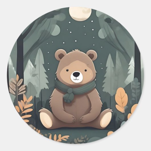 Baby Beer in bos met maan Ronde Sticker (Voorkant)