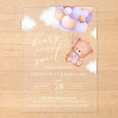 Baby Beer, Paarse ballonnen, eerste verjaardag Acryl Uitnodigingen (Voorkant)