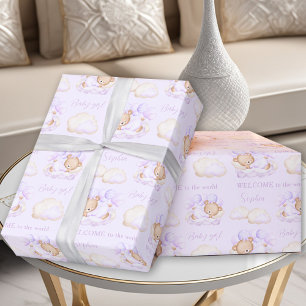Baby Beer Paarse lavendel pasgeboren baby meisje n Cadeaupapier