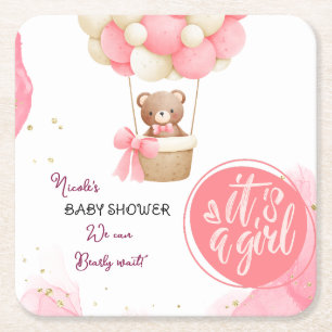 Baby Beer Roze Gouden Hete Luchtballon Baby shower Vierkante Kartonnen Onderzetter