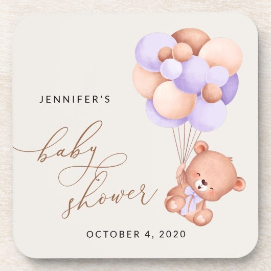 Baby Beer, Schattige Beer, Paarse ballonnen, Baby  Bier Onderzetter (Voorkant)