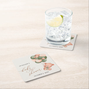 Baby Beer, teddybeer, groene ballonnen, Baby showe Vierkante Kartonnen Onderzetter