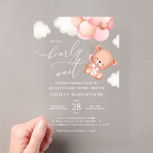 Baby Beer, teddybeer, roze ballonnen, Baby shower Acryl Uitnodigingen