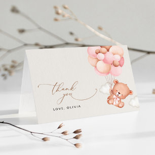Baby Beer, teddybeer, roze ballonnen, Baby shower Bedankkaart