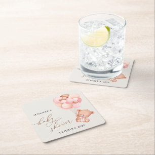 Baby Beer, teddybeer, roze ballonnen, Baby shower Vierkante Kartonnen Onderzetter