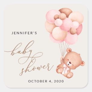 Baby Beer, teddybeer, roze ballonnen, Baby shower Vierkante Sticker