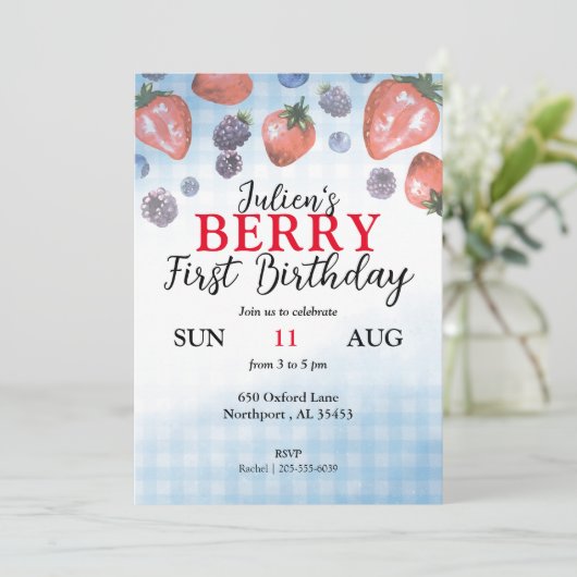 Baby Berry Eerste Verjaardagsfeestuitnodiging Save The Date (Staand voorkant)