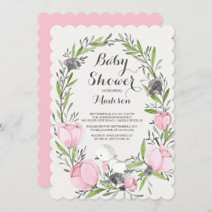 Baby Bird rose Floral Girl Baby shower Invitation