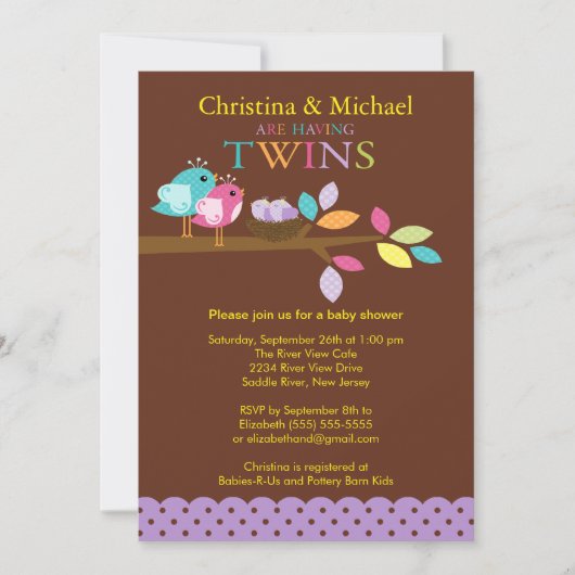 Baby Birds Nest Twins Baby Shower Invitations (Devant)