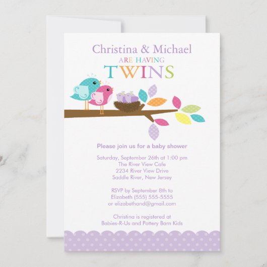 Baby Birds Nest Twins Baby Shower Invitations (Devant)