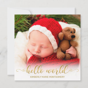 Baby Birth Hallo World Gold Script met foto's Feestdagenkaart