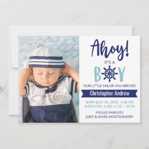 Baby Birth Nautical Ahoy Striped it is A Boy Photo Aankondiging