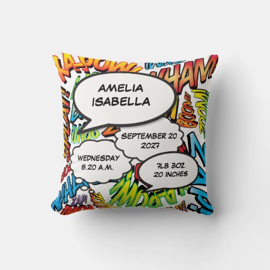 Baby Birth Stats Comic Book Pop Art Keepslag Kussen (Voorkant)