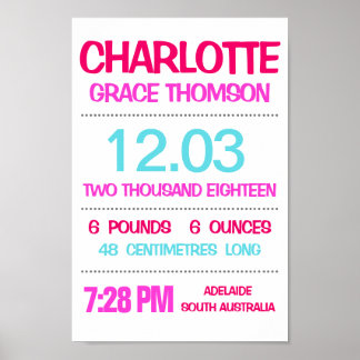 Baby Birth Stats Custom Wall Print Poster - Roze