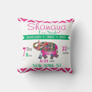 Baby Birth Stats Pink en Green Indian Elephant Kussen