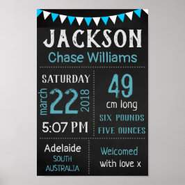 Baby Birth Stats Wall Print Poster - Blue Chalk