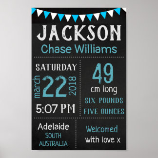 Baby Birth Stats Wall Print Poster - Blue Chalk