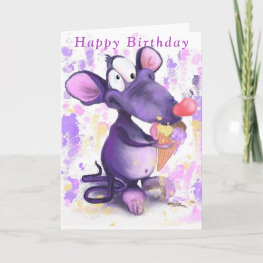 Baby Birthday Kaart Paarse muis met ijsroom (Voorkant)