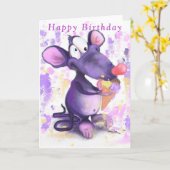 Baby Birthday Kaart Paarse muis met ijsroom (Gele Bloem)
