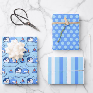 Baby Blau Slaande Pinguïn Inpakpapier Set Vel