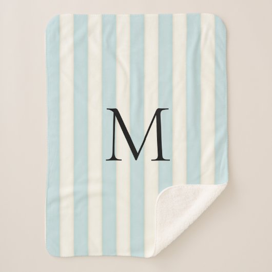 Baby Blauw & Antiek Witte Strepen Monogrammed Sherpa Deken (Voorkant)