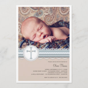 Baby blauw Beige Photo Christening Invitation Kaart