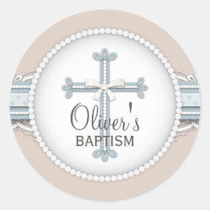 Baby Blauw   Beige religieuze viering Kruis Ronde Sticker
