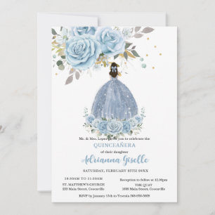 Baby Blauw Bloemen Goud Quinceañera Prinses Jurk Kaart