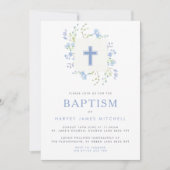 Baby Blauw Bloemen Krans & Kruis Doop Kaart (Voorkant)