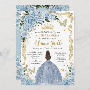 Baby Blauw Bloemen Prinses Jurk Goud Quinceanera Kaart