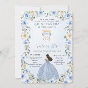 Baby Blauw Bloemen Prinses Jurk Goud Quinceañera Kaart