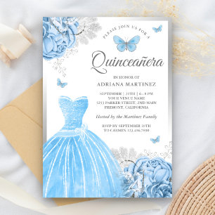 Baby Blauw Bloemen Vlinder Zilver Quinceanera Kaart