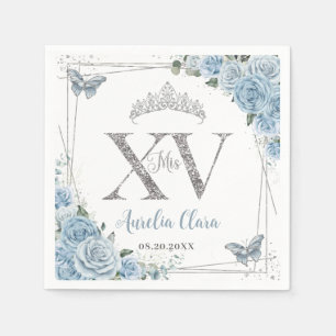 Baby Blauw Bloemen Vlinders Zilver Quinceañera XV Servet