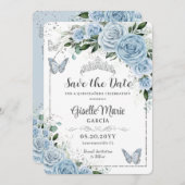 Baby Blauw Bloemen Zilver Quinceañera Vlinders Save The Date (Voorkant / Achterkant)