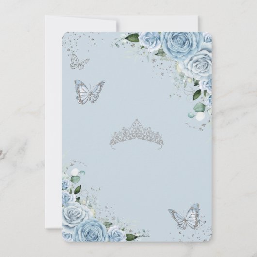 Baby Blauw Bloemen Zilver Quinceañera Vlinders Save The Date (Achterkant)