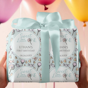 Baby Blauw Eerste 1e Verjaardag Snoep Thema Cadeaupapier