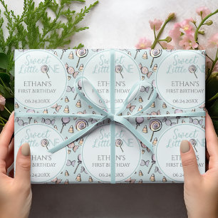 Baby Blauw Eerste 1e Verjaardag Snoep Thema Cadeaupapier