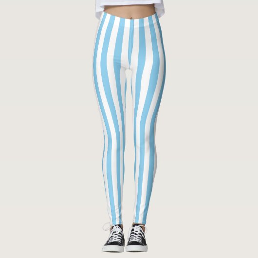 Baby Blauw en Wit Medium Size Verticale Stripes Leggings (Voorkant)