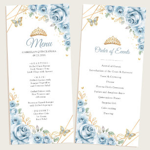Baby Blauw Goud Bloemen Quinceanera Programma Menu