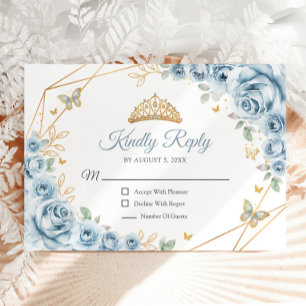 Baby Blauw Goud Bloemen Quinceanera Reageer RSVP Kaartje
