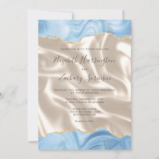 Baby Blauw Gouden Agaat Ivoor Zijde Huwelijk Kaart (Voorkant)