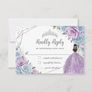 Baby Blauw Paarse Lila Floral Silver Quinceañera RSVP Kaartje