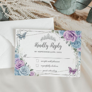 Baby Blauw Paarse Lila Floral Silver Quinceañera RSVP Kaartje