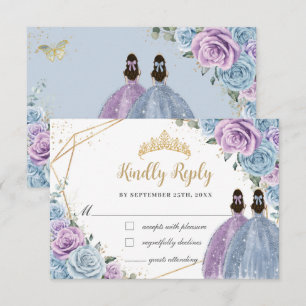 Baby Blauw Paarse Lila Floral Twins Quinceañera RSVP Kaartje